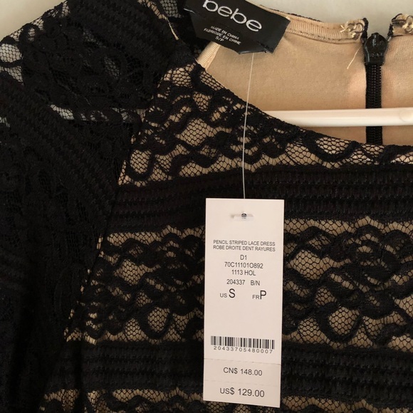 Bebe Pencil Stripe Lace Dress in Black & Nude Lace - Picture 5 of 6